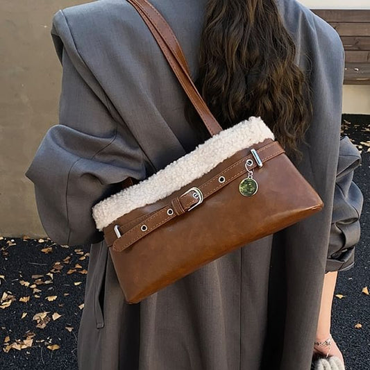 Fleece Panel Faux Leather Shoulder Bag