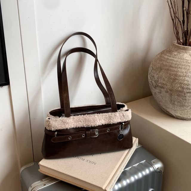 Fleece Panel Faux Leather Shoulder Bag