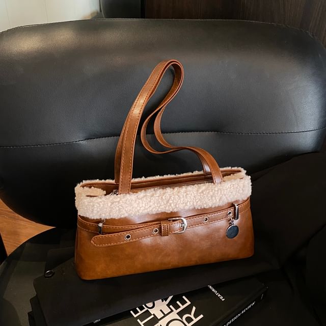 Fleece Panel Faux Leather Shoulder Bag