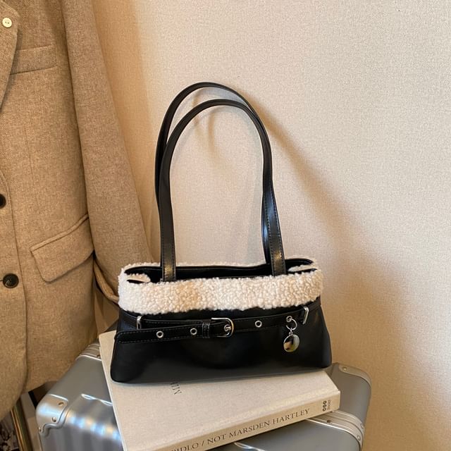 Fleece Panel Faux Leather Shoulder Bag