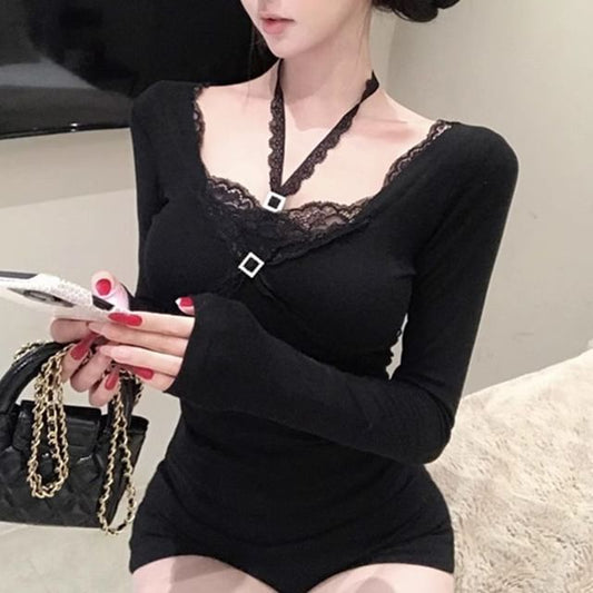 Halter Neck Lace Trim Long Sleeve Blouse