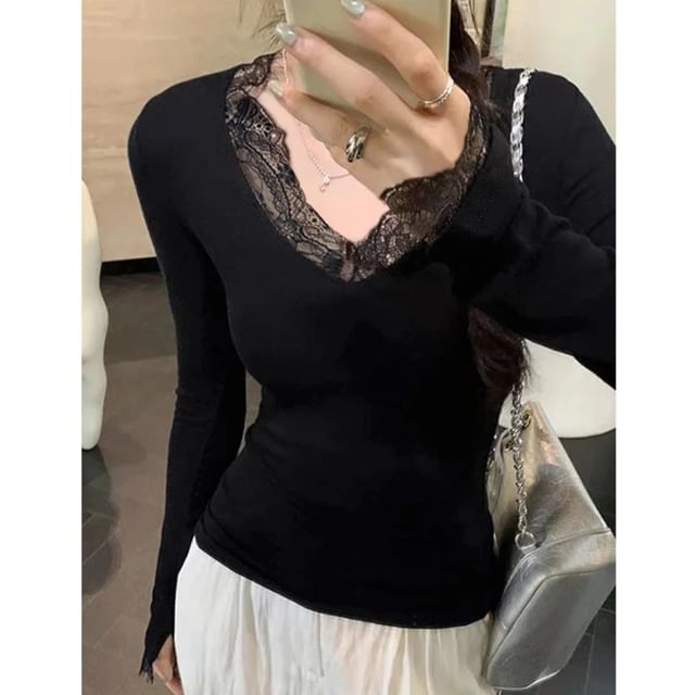 Knit Lace Trim Long Sleeve Top