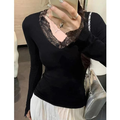 Knit Lace Trim Long Sleeve Top