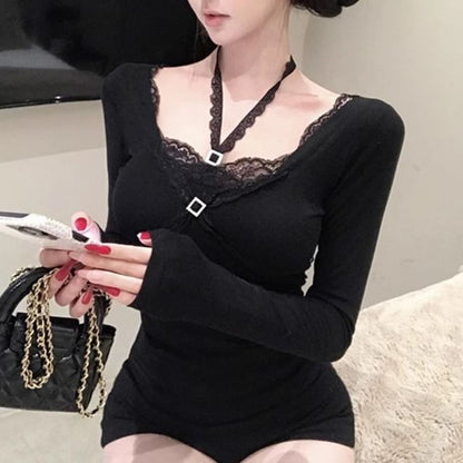 Halter Neck Lace Trim Long Sleeve Blouse