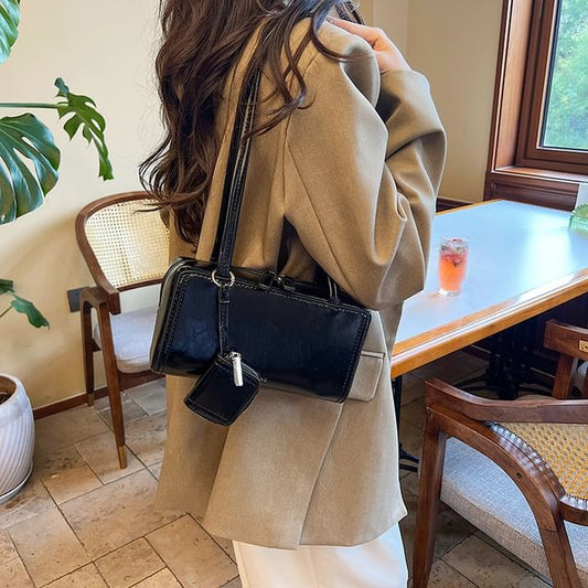 Set: Plain Faux Leather Shoulder Bag + Coin Purse