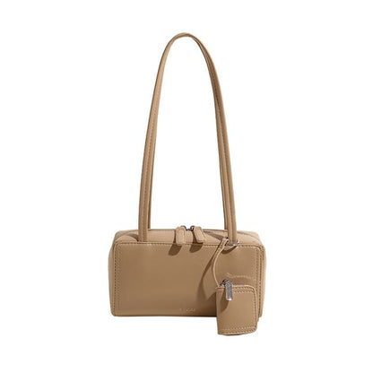 Set: Plain Faux Leather Shoulder Bag + Coin Purse