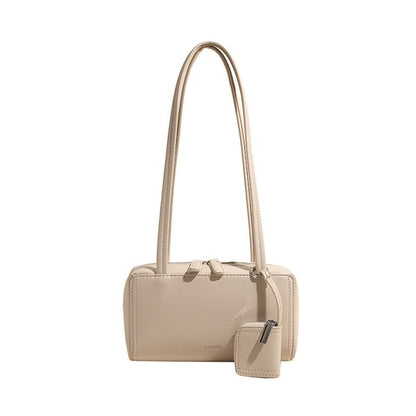 Set: Plain Faux Leather Shoulder Bag + Coin Purse
