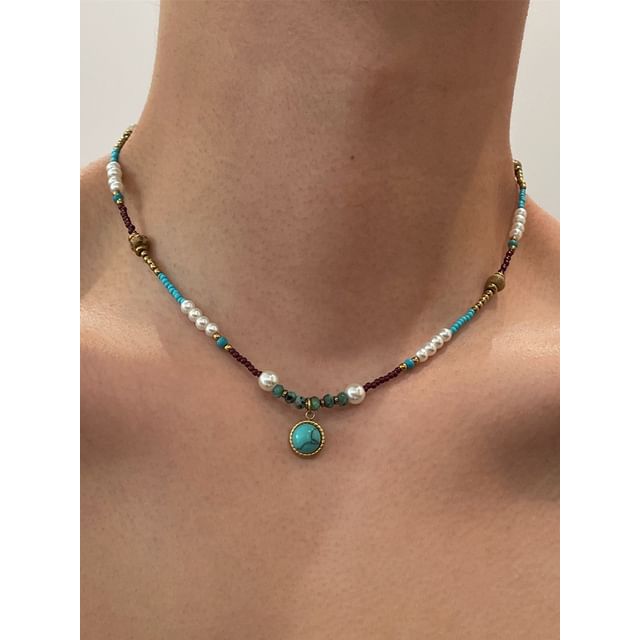Faux Turquoise Pendant Faux Pearl Choker