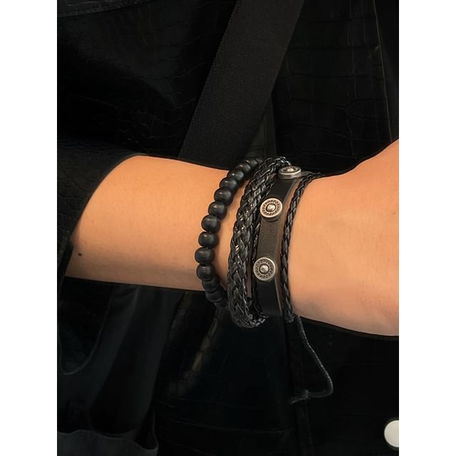 Alloy Disc Bead Faux Leather Layered Bracelet