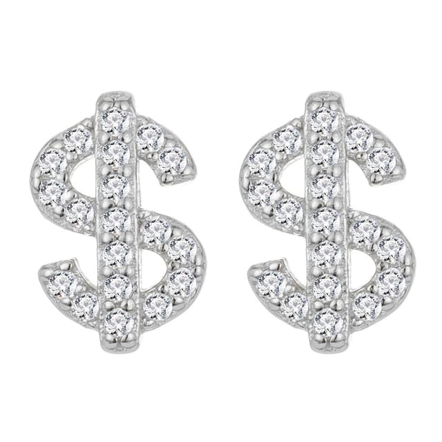 Sterling Silver Dollar Sign Rhinestone Ear Stud / Set