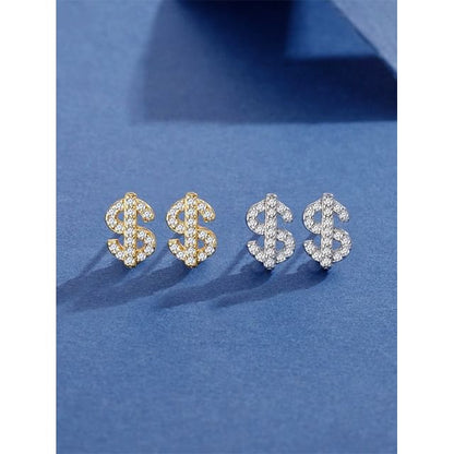 Sterling Silver Dollar Sign Rhinestone Ear Stud / Set