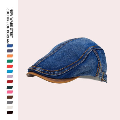 Faux Leather Brim Denim Flat Cap