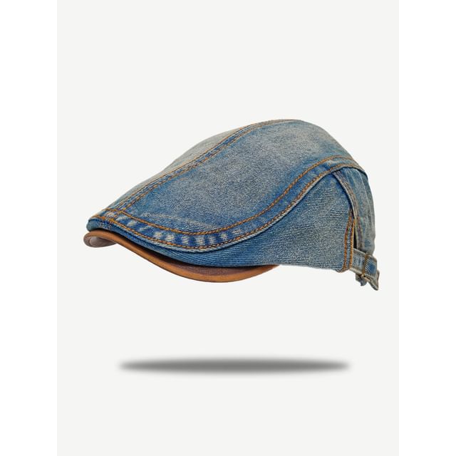 Faux Leather Brim Denim Flat Cap
