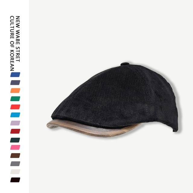 Faux Leather Brim Corduroy Flat Cap