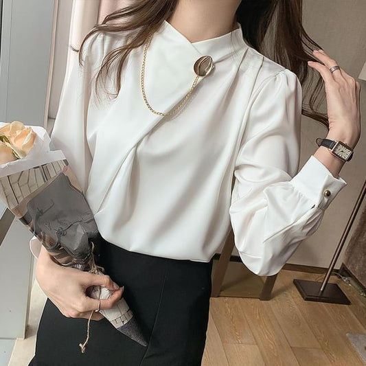 Stand-Collar Solid Long-Sleeve Blouse