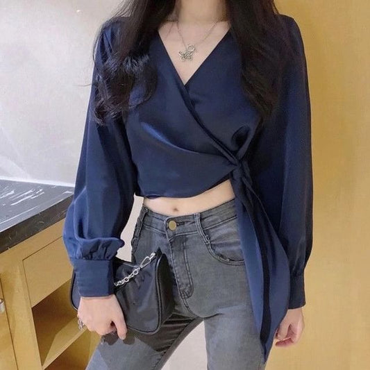 Cropped V-Neck Knot-Front Wrap Blouse with Long Sleeves
