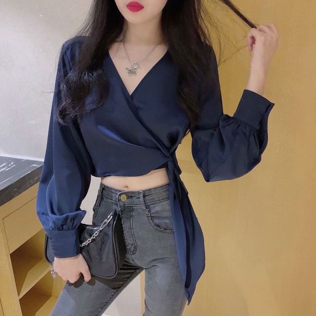 Cropped V-Neck Knot-Front Wrap Blouse with Long Sleeves
