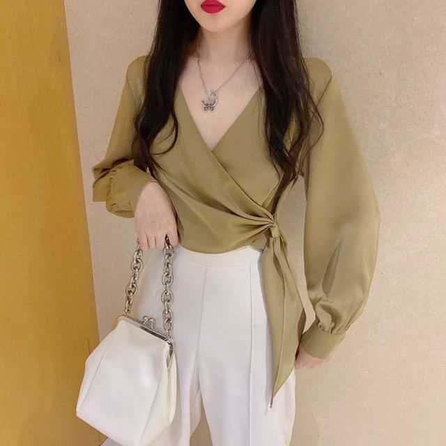 Cropped V-Neck Knot-Front Wrap Blouse with Long Sleeves