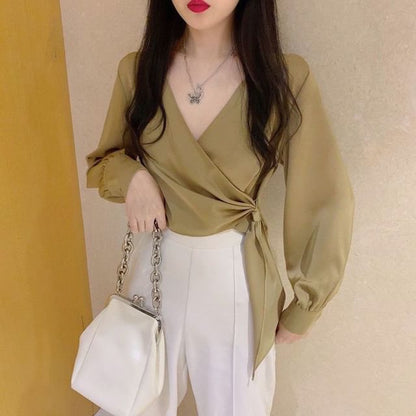 Cropped V-Neck Knot-Front Wrap Blouse with Long Sleeves