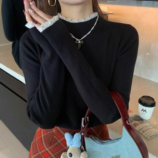 Mock Neck Lace Trim Slim Fit Knit Top