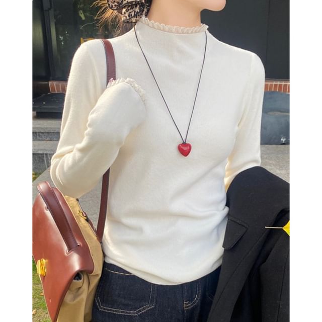 Mock Neck Lace Trim Slim Fit Knit Top