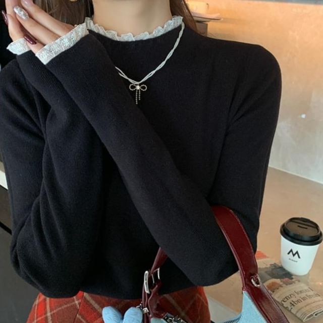 Mock Neck Lace Trim Slim Fit Knit Top