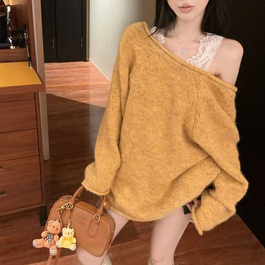 V-Neck Lace Panel Plain Sweater