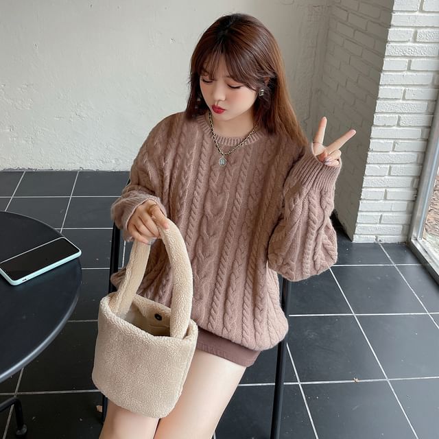 Cable Knit Sweater with Crew Neckline