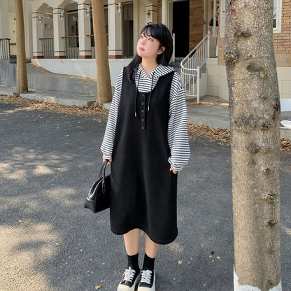 Set: Striped Hoodie & Plain Midi Overall Dress with Scoop Neck & Half-Button Front