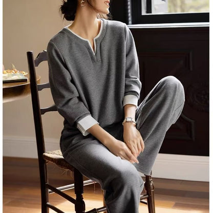 Mock Two-Piece Notched Pullover & Straight Leg Sweatpants Set