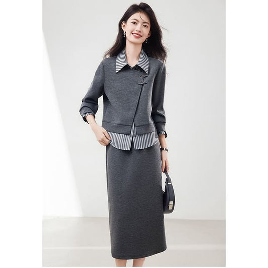 Mock Neck Striped Sweatshirt & Midi Skirt Set