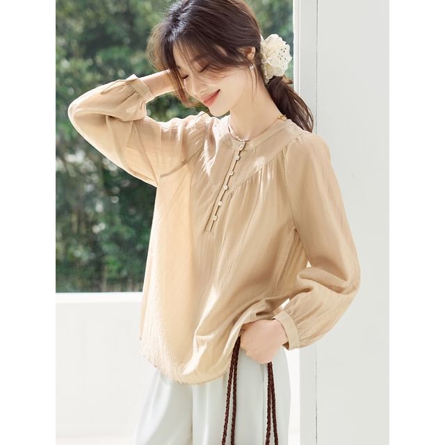 Half-Buttoned Plain Blouse with Long Sleeves