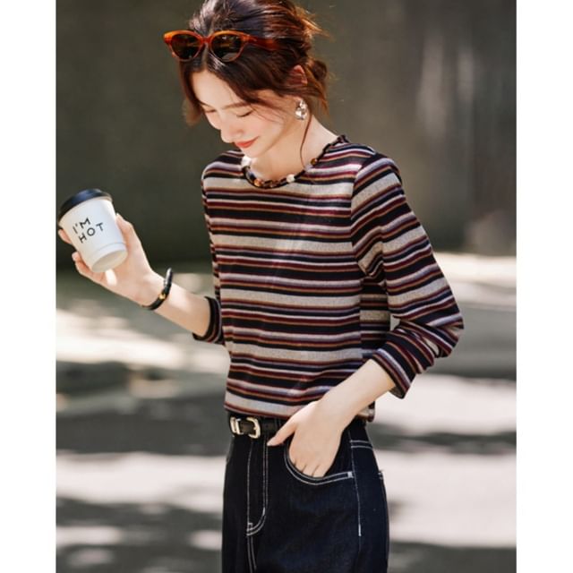 Striped Tee with Crewneck & Long Sleeves