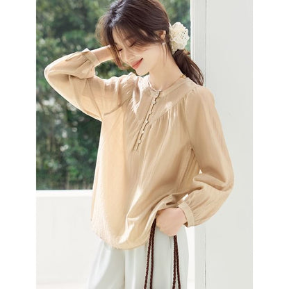 Half-Buttoned Plain Blouse with Long Sleeves