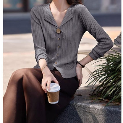 Button-Up Knit Top with Long Sleeves