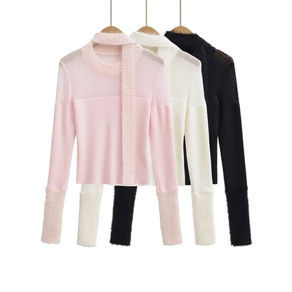 Sheer-Panel Slim-Fit Crewneck Long-Sleeve Knit Top with Skinny Scarf Set