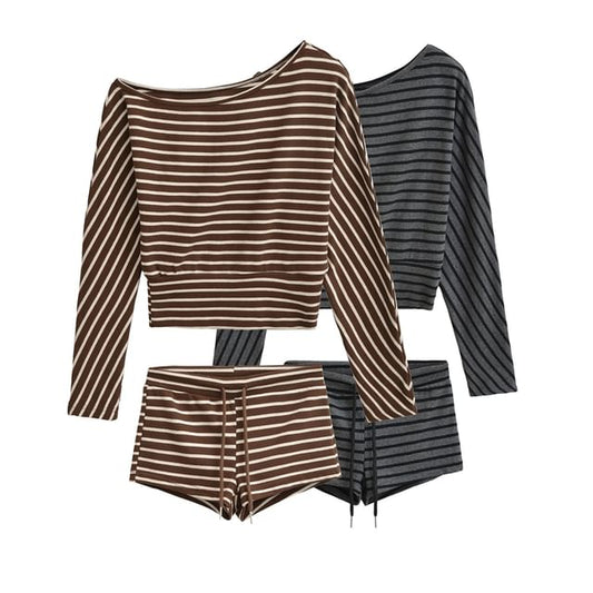 Striped Off-Shoulder Cropped Long-Sleeve Tee with Drawstring Hot Pants
