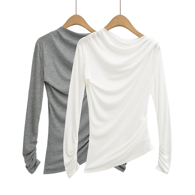 Asymmetric Ruched Slim-Fit Mock-Neck Long-Sleeve Tee