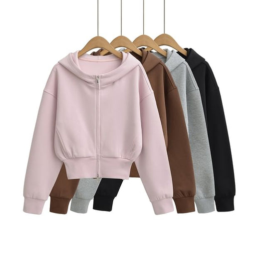 Solid Zip-Up Cropped Hooded Sweatshirt