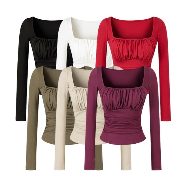 Square-Neck Ruched Padded Cropped Long-Sleeve Tee in Solid Color