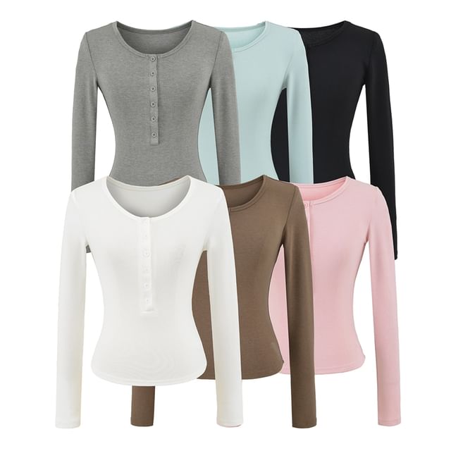 Slim-Fit Cropped Tee with Half-Button Placket, Round Neckline & Extended Sleeves