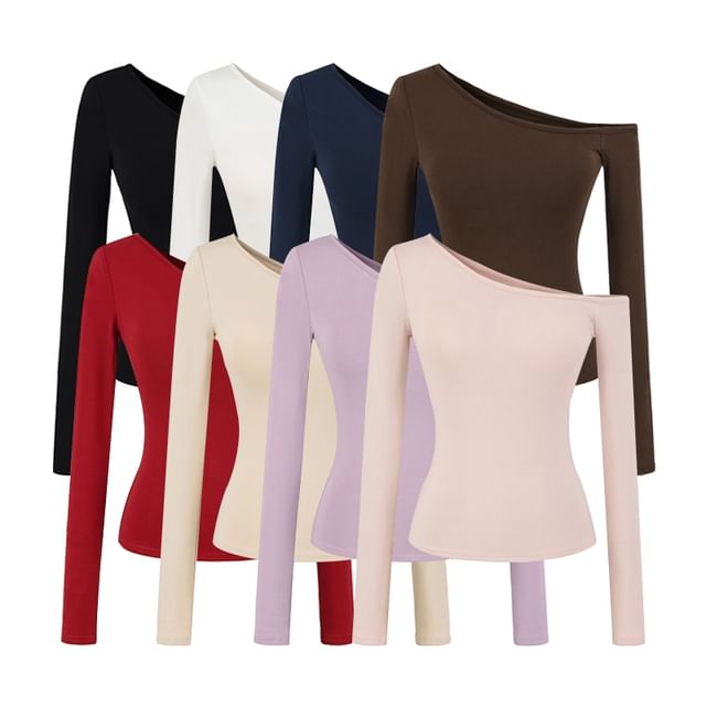 Off-Shoulder Padded Solid Long-Sleeve T-Shirt