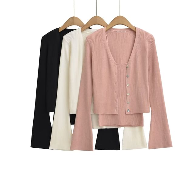 Two-Piece Set: Buttoned V-Neck Cropped Cardigan & Cami Top
