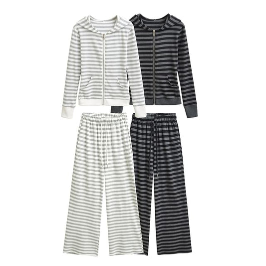 Striped Zip-Up Hoodie & Drawstring Wide-Leg Sweatpants