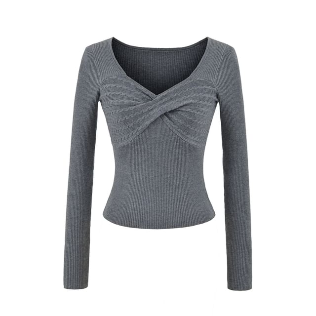 Slim-Fit Cable Knit Top with V-Neckline & Long Sleeves