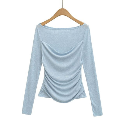 Slim-Fit Boat-Neck Ruched Tee with Mock Layered Long Sleeves