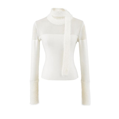 Sheer-Panel Slim-Fit Crewneck Long-Sleeve Knit Top with Skinny Scarf Set