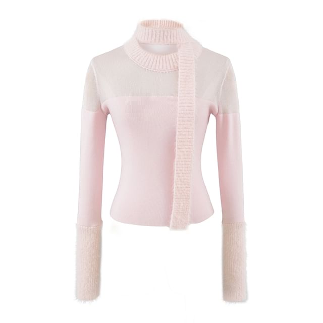 Sheer-Panel Slim-Fit Crewneck Long-Sleeve Knit Top with Skinny Scarf Set