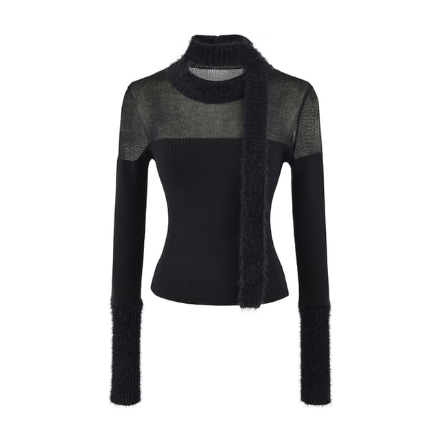 Sheer-Panel Slim-Fit Crewneck Long-Sleeve Knit Top with Skinny Scarf Set