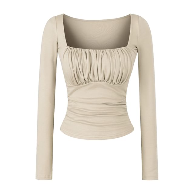 Square-Neck Ruched Padded Cropped Long-Sleeve Tee in Solid Color